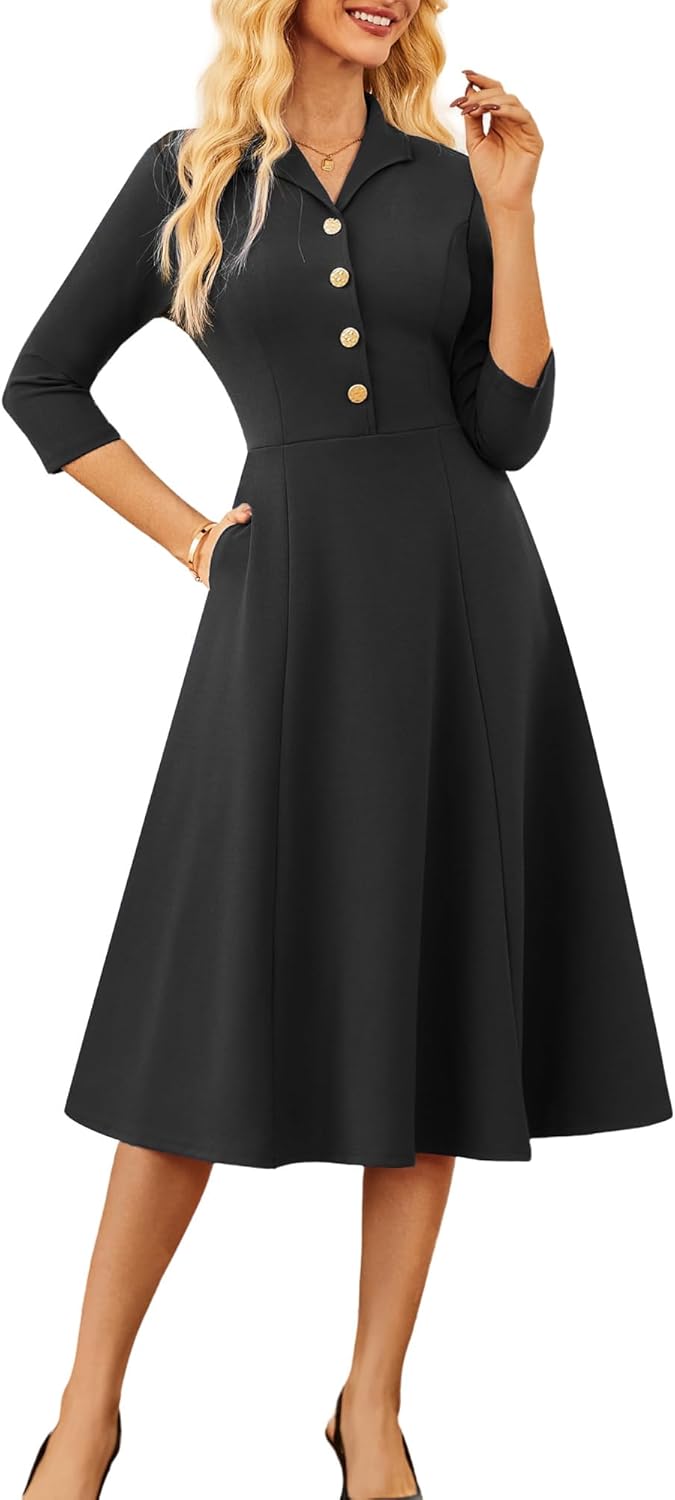 GRACE KARIN Fall Work Dresses for Women 2025,3/4 Sleeve Business Dress with Pockets,A-Line Office Professional Dresses