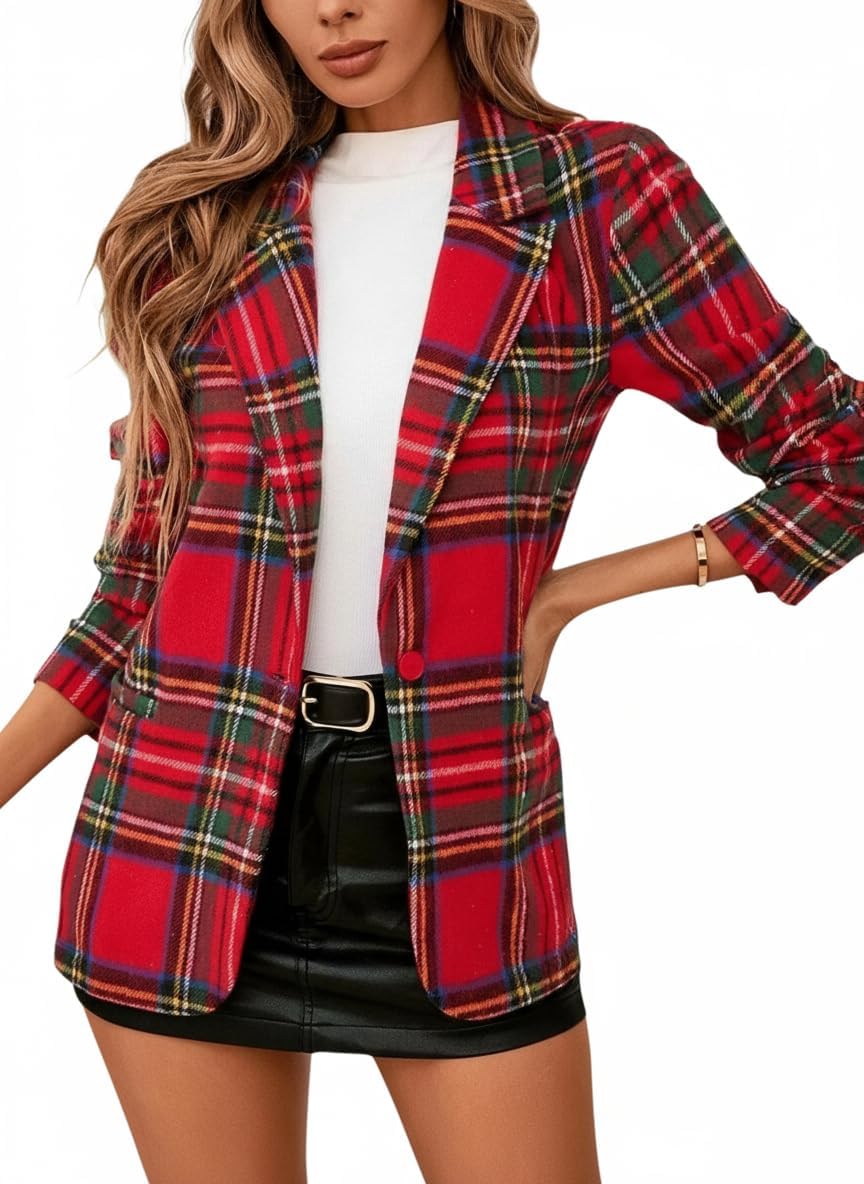Plaid Single-Button Blazer