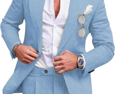 UNINUKOO Linen Suit for Men Summer Wedding 2 Piece Suit Set Peak Lapel Casual Blazer Pants Beach Wear for Men