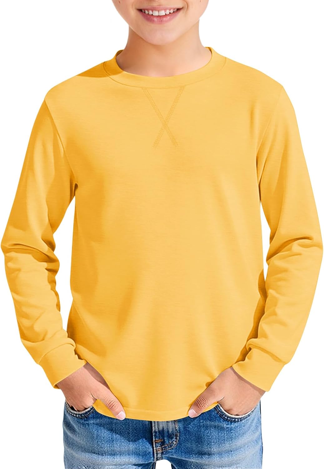 Haloumoning Kids Boys T Shirts Casual Long Sleeve Crewneck Loose Fit Fall Basic Tees 5-14 Years