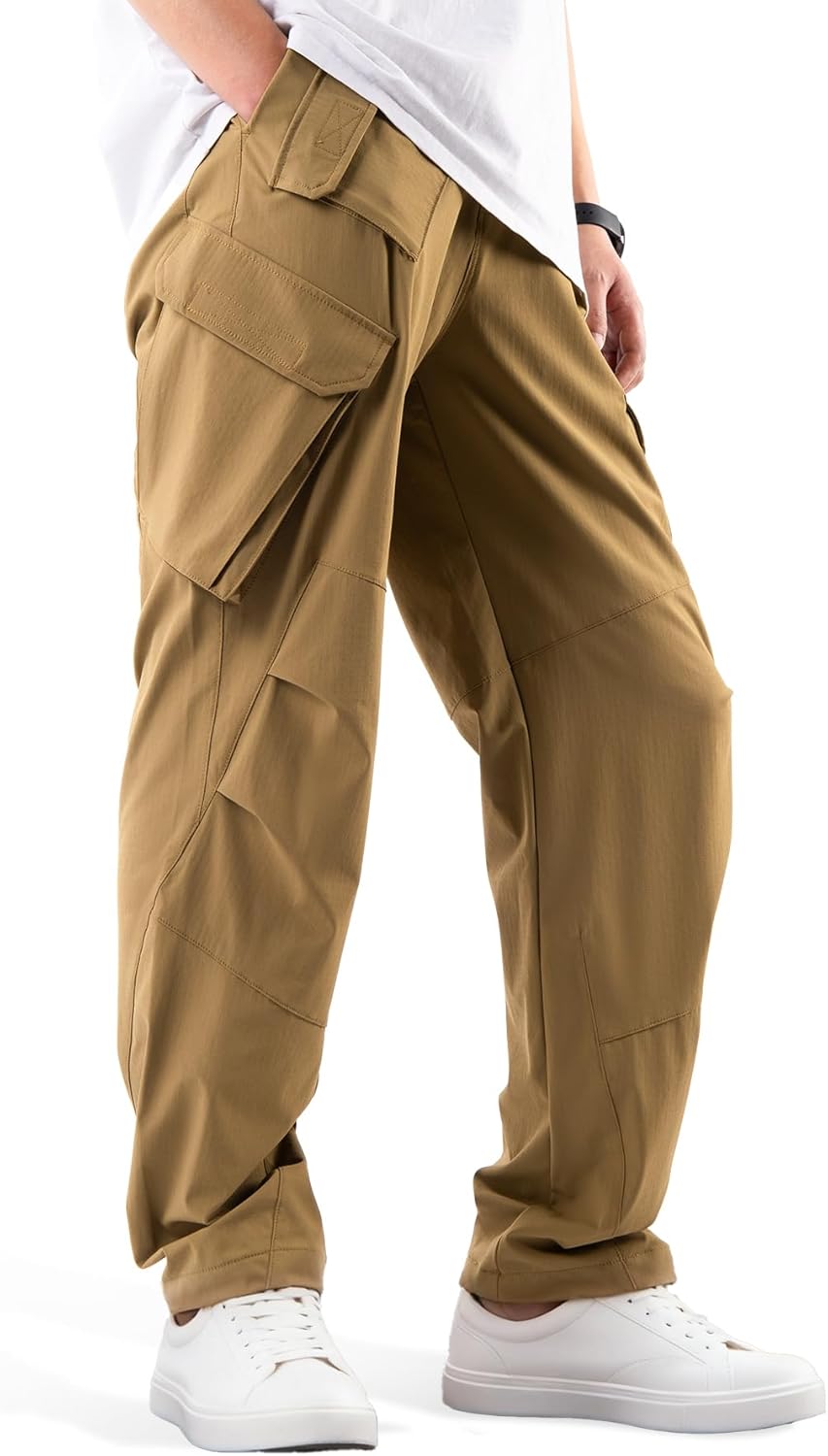 Men’s Baggy Cargo Pants,Loose Fit Hip Hop Parachute Pants with 8 Pockets,Waterproof Lightweight for Outdoor,Hiking,Street Khaki