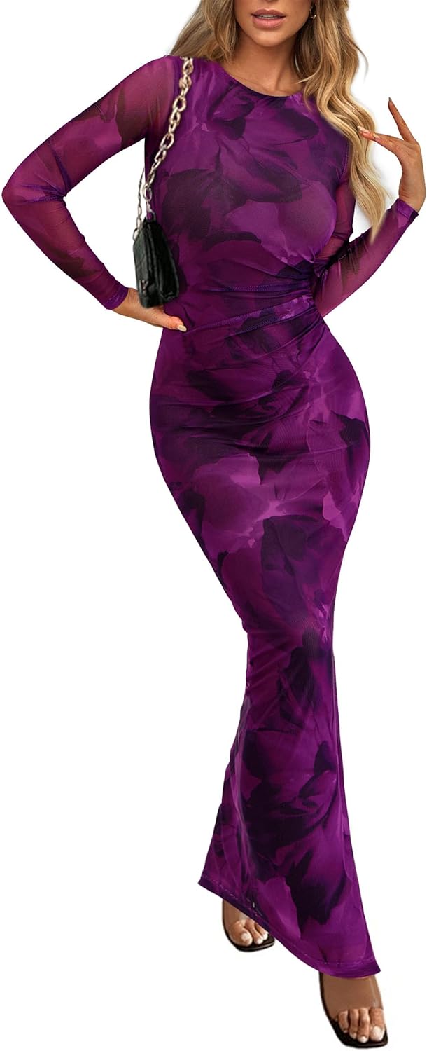 PRETTYGARDEN Women’s Bodycon Maxi Dress Fall Spring Fashion Long Sleeve Floral Print Tight Fitted Party Club Ruched Dresses