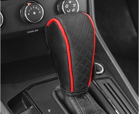 Leather Gear Shift Cover Diamond Embroidery Design,Durable Shift Knob Cover for Shift Lever Protection,Universal Car Gear Shift Cover Car Decorative Accessory Suitable for Cars,Trucks,SUVs (Black/Red)