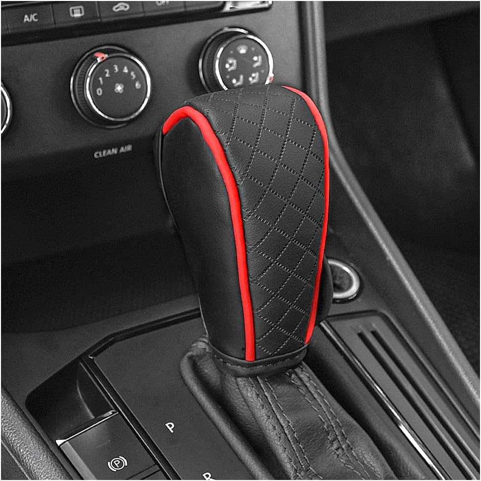 Leather Gear Shift Cover Diamond Embroidery Design,Durable Shift Knob Cover for Shift Lever Protection,Universal Car Gear Shift Cover Car Decorative Accessory Suitable for Cars,Trucks,SUVs (Black/Red)