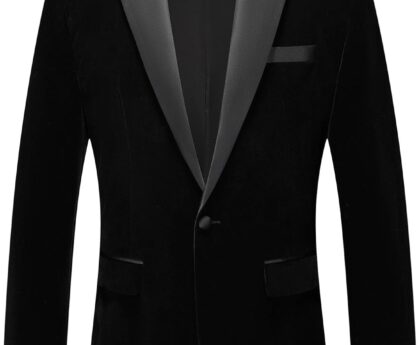 Mens Velvet Blazer Slim Fit Suit Jacket for Men Peaked Lapel One Button Tuxedo Blazer Wedding Prom Dinner