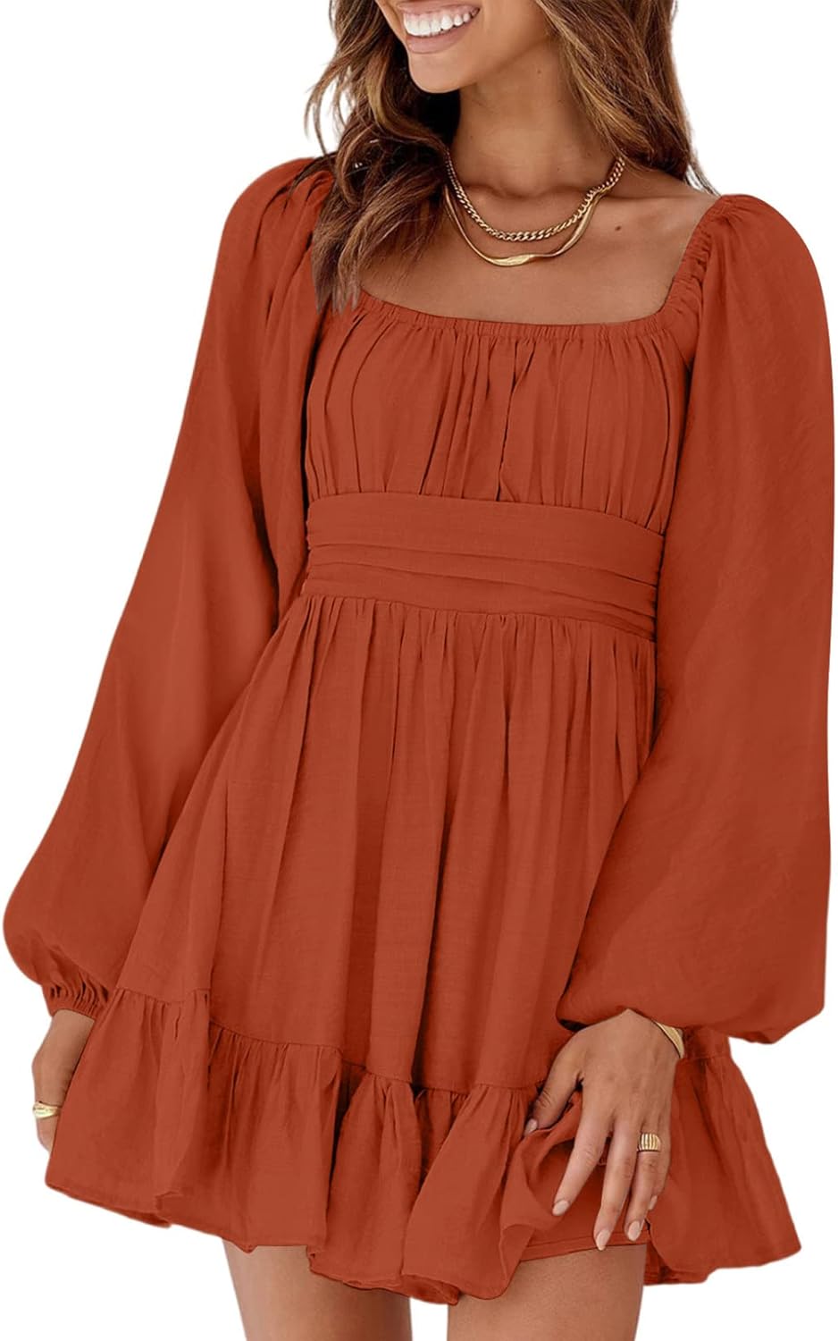 Dokotoo Womens Dress Long Lantern Sleeve Square Neck Tie Backless Sexy Dress Ruffle Elastic Waist A-Line Mini Dress