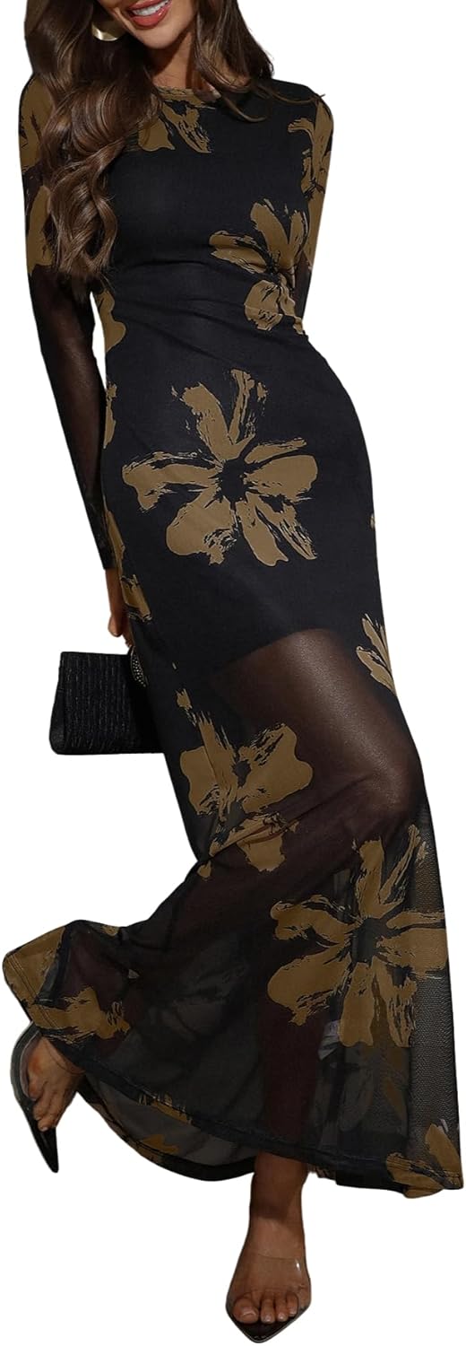 Verdusa Women’s Floral Mesh Maxi Dresses Long Sleeve Elegant Formal Fall Wedding Guest Dress Cocktail Slimming Dress