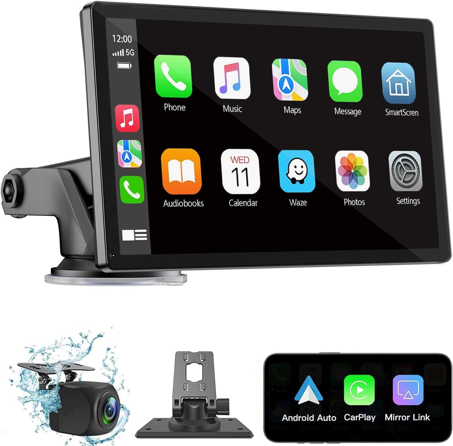 Wireless Carplay Screen for Car 7″ HD Portable Car Stereo Touchscreen with Apple CarPlay and Android Auto with Mirror Link/Backup Camera/Bluetooth/GPS Navigation/AUX for All Vehicles