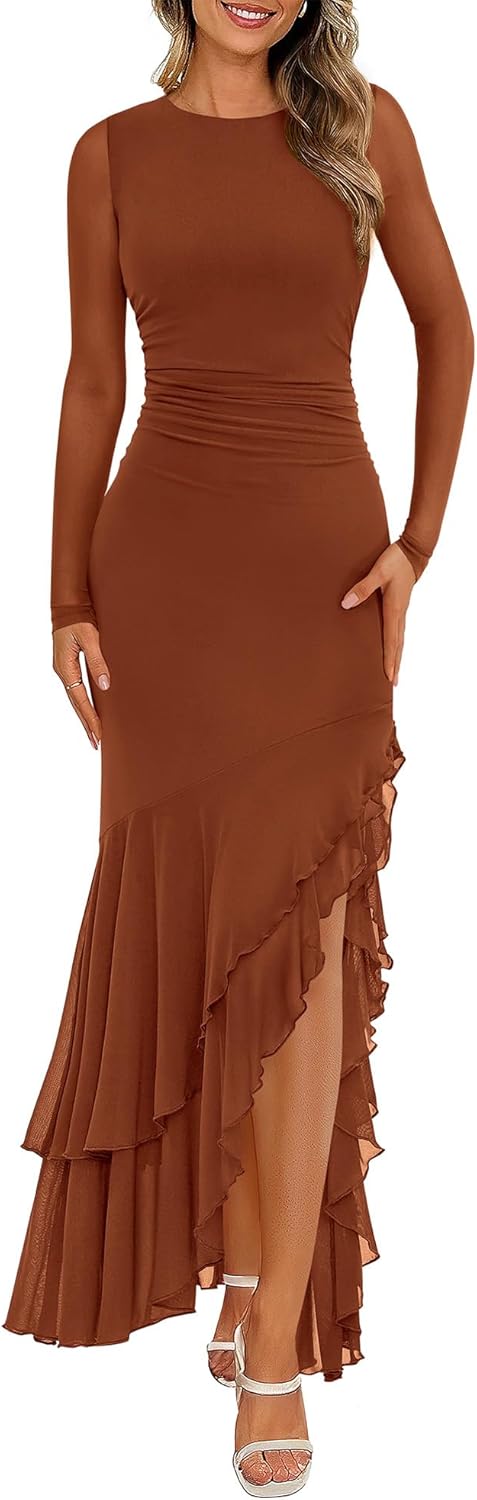 BTFBM Women’s Maxi Dresses Fall 2025 Long Sleeve Ruched Bodycon Solid Ruffle Mermaid Cocktail Wedding Guest Dress
