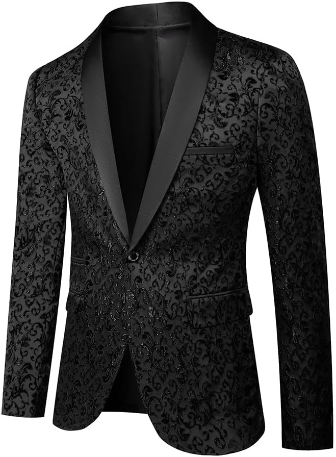 Men Black Suit Floral Tuxedo for Prom Wedding Party Dress Suit Jacket Pants 2 Piece Slim Fit Shawl Lapel