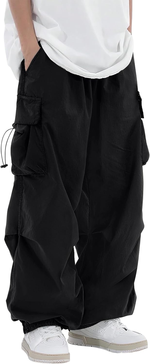 PLEPAN Mens Baggy Cargo Pants Loose Fit Casual Parachute Pants Elastic Waist Drawstring Streetwear Joggers Sweatpants