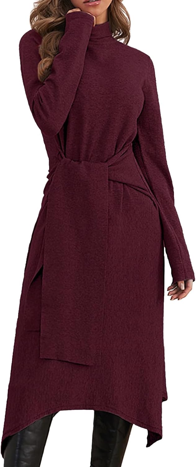Jayscreate Women’s Fall Sweater Dress 2023 Long Sleeve Midi Tie Front A-Line High Waist Winter Business Casual Dress