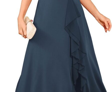 ZAFUL Womens Semi Formal Wedding Guest Dresses V Neck Flared Sleeve Evening Gowns Split Ruffle Party Modest Dress 2025