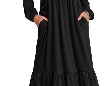 ANRABESS Long Sleeve Midi Dresses for Women Casual 2025 Fall Crewneck A Line Tiered Flowy Loose Trendy Dresses with Pockets