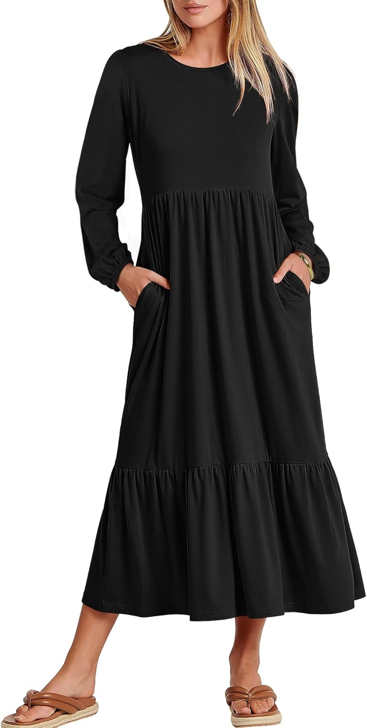 ANRABESS Long Sleeve Midi Dresses for Women Casual 2025 Fall Crewneck A Line Tiered Flowy Loose Trendy Dresses with Pockets