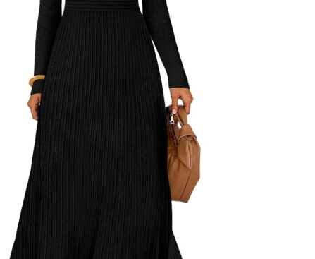 MEROKEETY Women’s Sweater Dress 2025 Fall Winter Casual Long Sleeve Square Neck Pleated Church Work Knit Midi Dresses