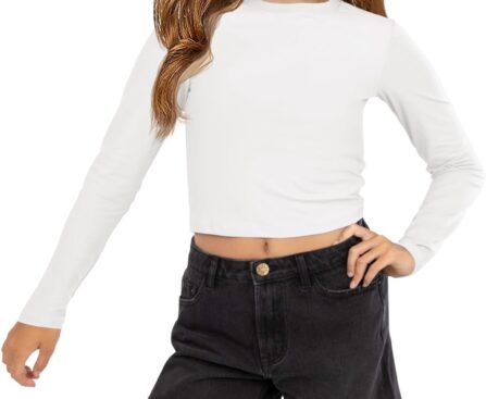 Haloumoning Girls Crop Tops Long Sleeve T Shirts Kids Crewneck Slim Fit Basic Tee for 5-14 Years