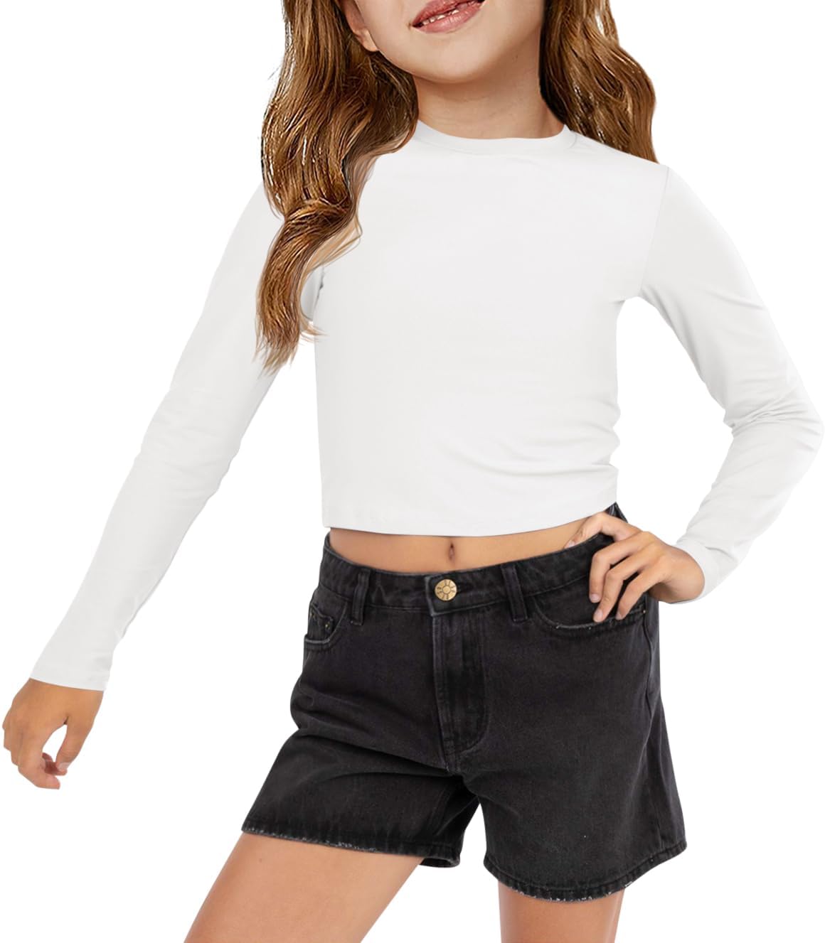 Haloumoning Girls Crop Tops Long Sleeve T Shirts Kids Crewneck Slim Fit Basic Tee for 5-14 Years