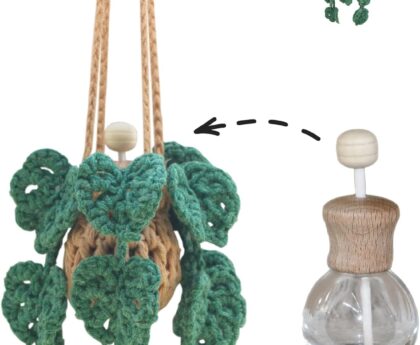 Cute Crochet Car Plant Monstera Essential Oil Diffuser Bottle – 12ml Refillable, Green Car Accessory for Mirror Decor and Home Decor