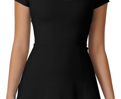 QINSEN Womens Square Neck Tennis Dress Short Sleeve Built in Shorts Golf Athletic Dress with Pockets