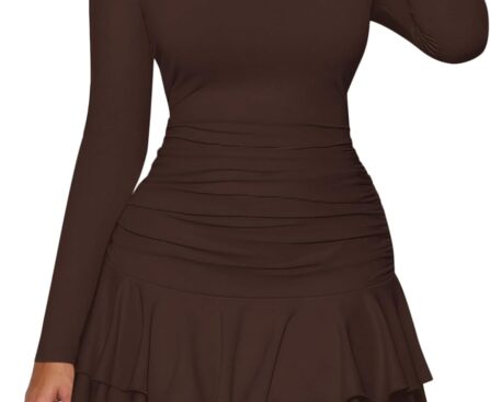 PRETTYGARDEN Women’s Fall Long Sleeve Dresses 2025 Mock Neck Ruched Y2K Clothes Ruffle Layered Bodycon Mini Party Dress