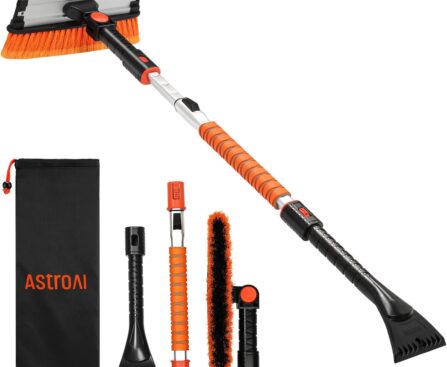 AstroAI 47.2″ Ice Scrapers for Car Windshield, 3 in 1 Sturdy Snow Brush with Squeegee, 10 Adjustable Length Settings, Extendable Aluminum Handle, 180° Pivoting Snow Scraper for Car, Truck, SUV(Orange)