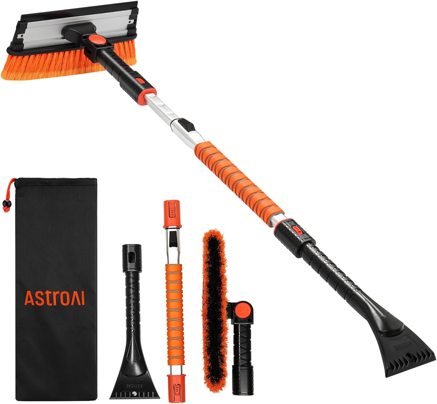 AstroAI 47.2″ Ice Scrapers for Car Windshield, 3 in 1 Sturdy Snow Brush with Squeegee, 10 Adjustable Length Settings, Extendable Aluminum Handle, 180° Pivoting Snow Scraper for Car, Truck, SUV(Orange)