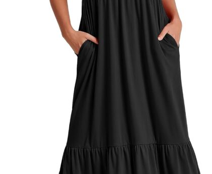 ANRABESS Womens 2025 Summer Casual Maxi Dress A line Tiered Flowy Short Sleeve Crewneck T Shirt Beach Travel Long Dresses