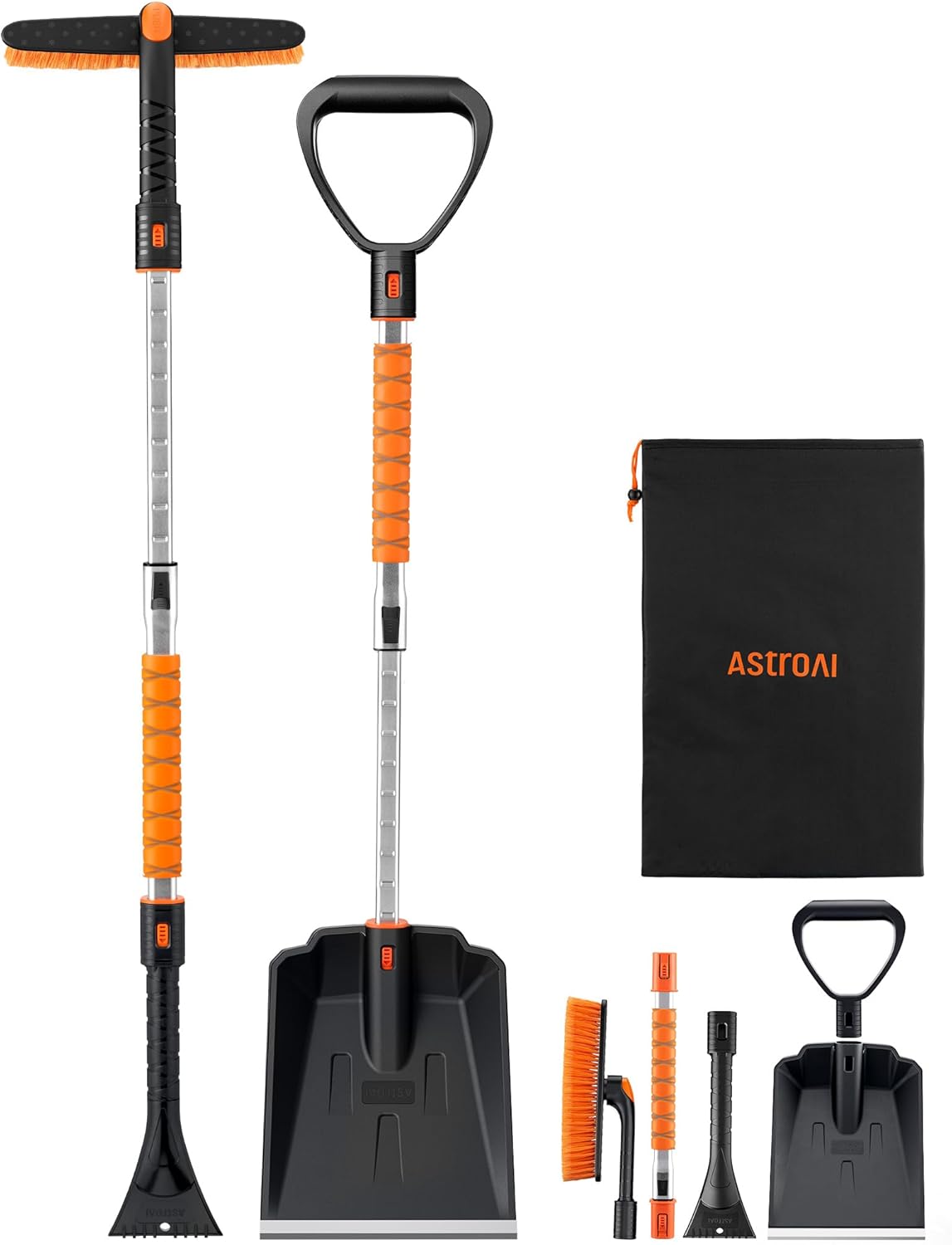 AstroAI 2″ 1 Ice Scraper & Snow Shovel Kit, 47.2″ Ice Scrapers for Car Windshield and 360° Pivoting Snow Brush, Extendable Snow Shovel with Foam Grip for Car, Trucks, SUVs, Vehicles（Orange）