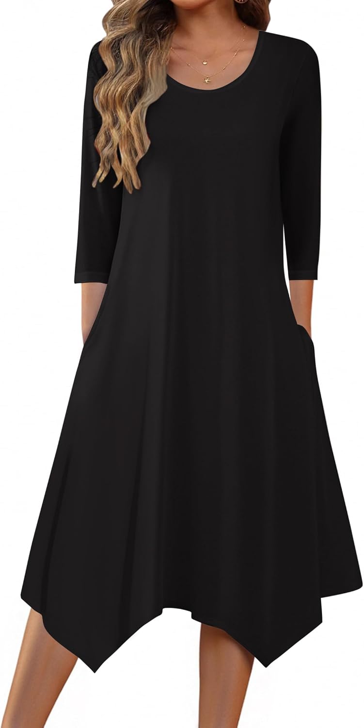 Zeagoo Midi Women 3/4 Sleeve Dress Casual Dresses with Pockets 2025 Fall A Line Dress Elegant Formal Modest Dresses