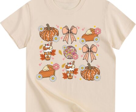 Girls Thanksgiving Shirt Pumpkin Bow T-Shirt Fall Cotton Short Sleeve Tees 2-12 Years