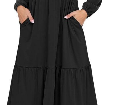 ANRABESS Women’s Long Sleeve Maxi Dresses 2025 Fall Casual V Neck Flowy Tiered Boho Modest Trendy Vacation Dress with Pockets