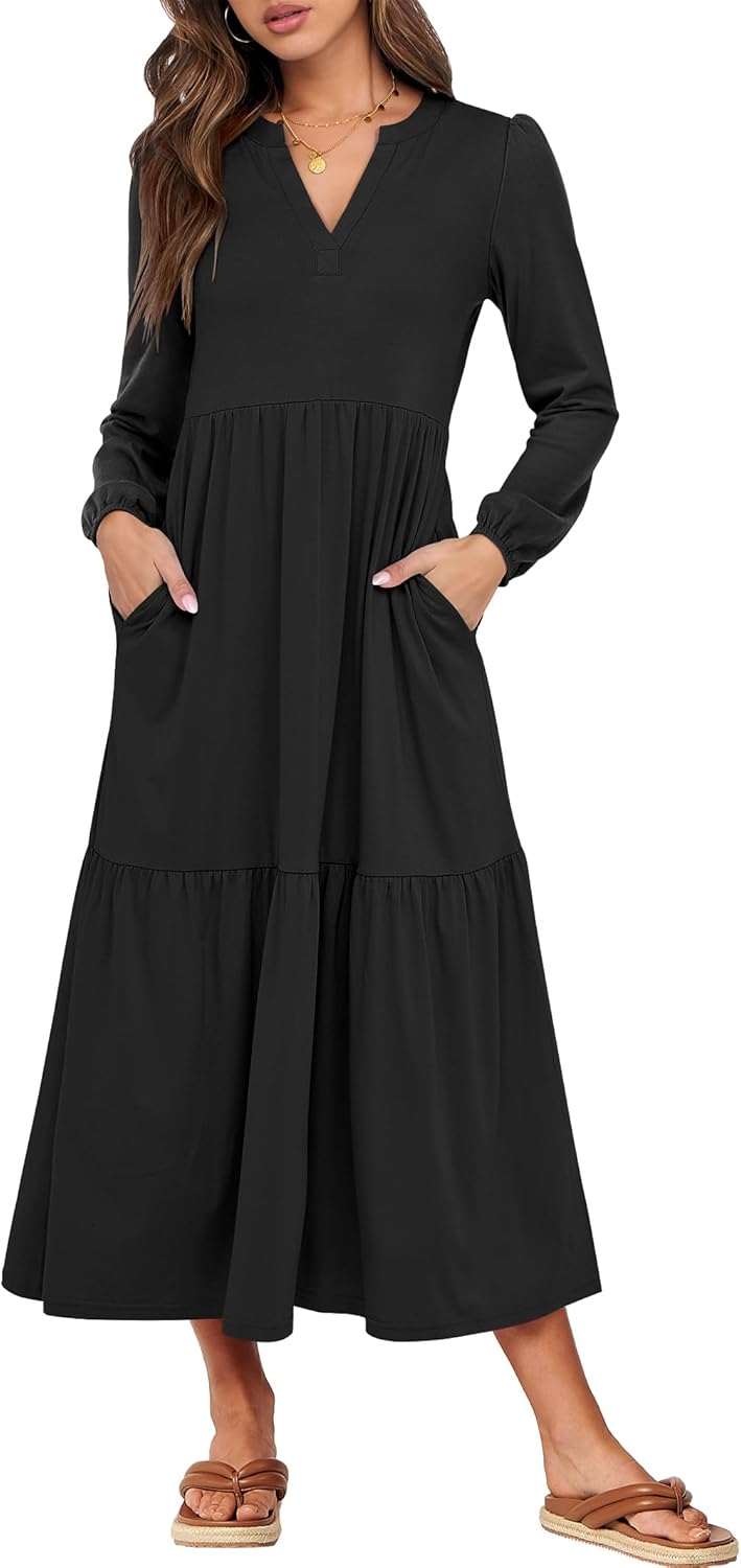 ANRABESS Women’s Long Sleeve Maxi Dresses 2025 Fall Casual V Neck Flowy Tiered Boho Modest Trendy Vacation Dress with Pockets