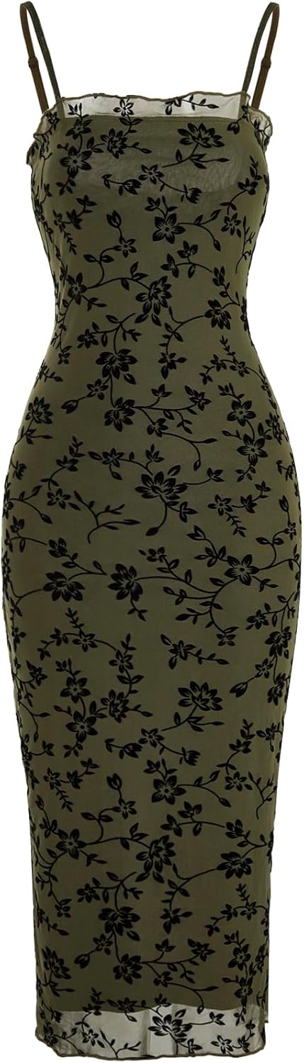 Verdusa Women’s Floral Print Mesh Lettuce Trim Sleeveless Bodycon Long Cami Dress