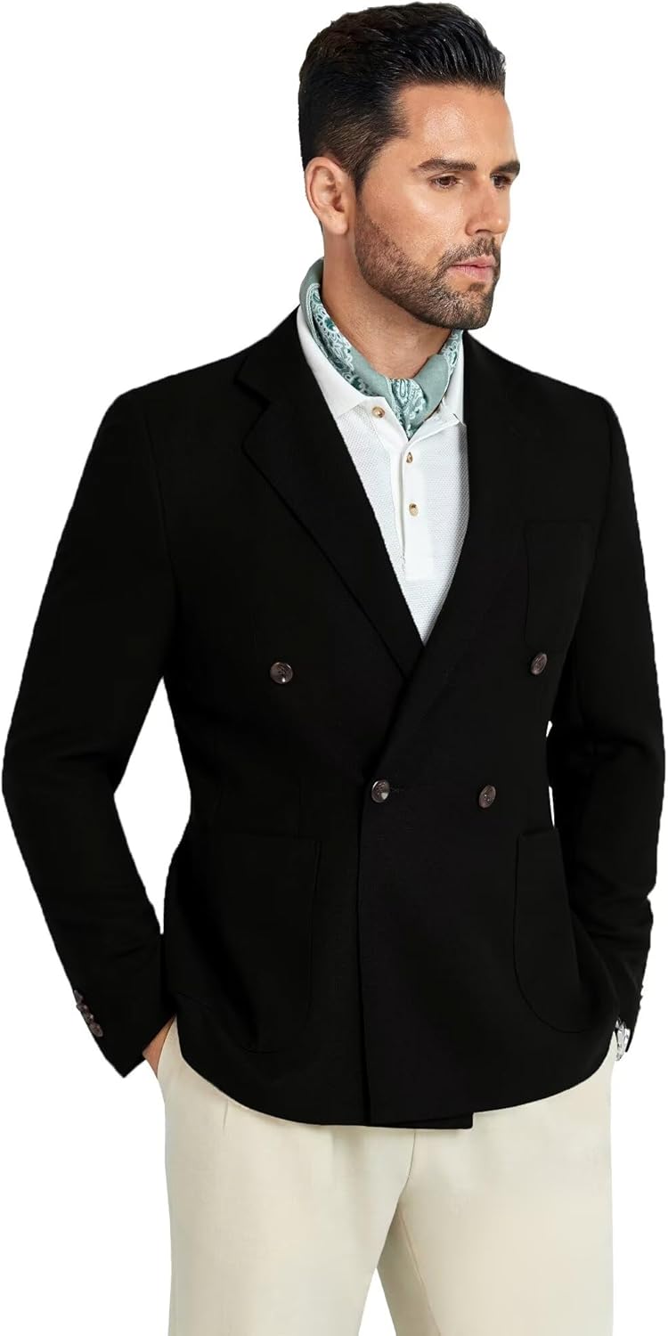 Mens Blazer Jacket Slim Fit Knit Double Breasted Casual Blazer Men 1 Button Notched Business Mens Sport Coat