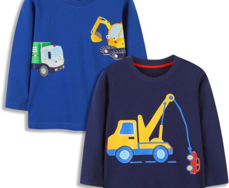 Boys Long Sleeve T-Shirts Toddlers Boy Graphic Crewneck Tee Shirts for Kids Cotton Basic Tops 2 Pack