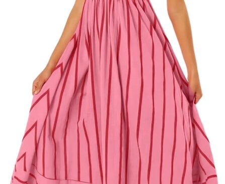 chouyatou Women’s Striped Back Smocked Maxi Dress Sexy Spaghetti Strap Cut Out Flowy Swing Long Dress