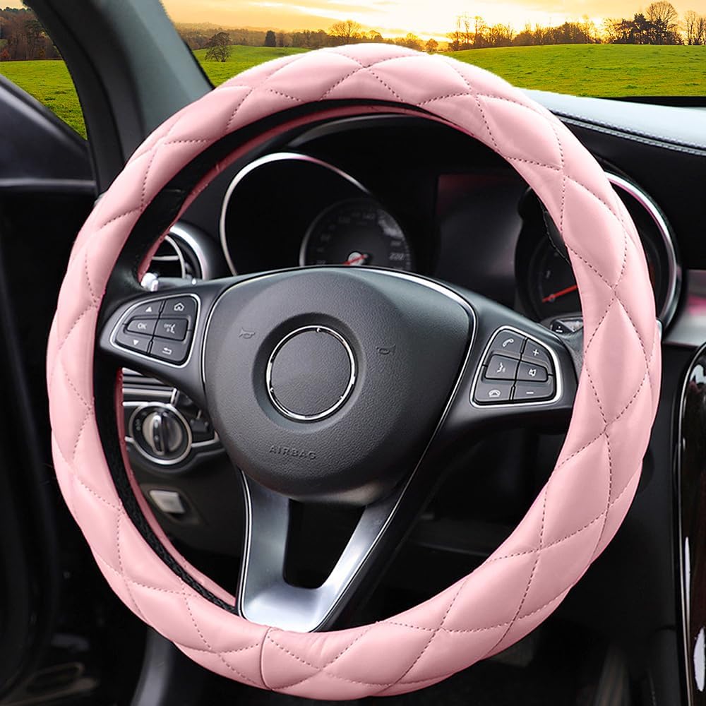 Soft Microfiber Leather Steering Wheel Cover, Universal 15 Inch for Women Girls, Fit Vehicles, Sedans, SUVs, Vans, Trucks – Light Pink