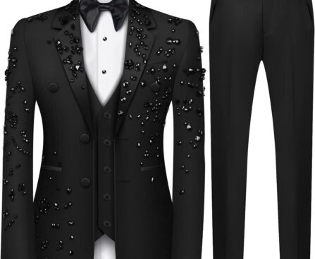 Luxury Men’s 2 Piece Suit Slim Fit Solid 2 Button Beads Crystal Party Wedding Tuxedo Suits Blazer Jacket Pants Set