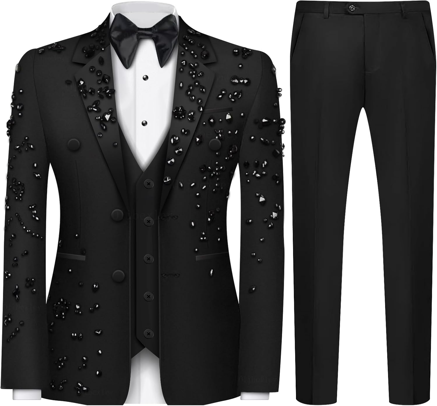 Luxury Men’s 2 Piece Suit Slim Fit Solid 2 Button Beads Crystal Party Wedding Tuxedo Suits Blazer Jacket Pants Set