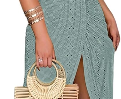 CHICME Womens Summer Halter Dress Hollow Out A Line Vacation Dresses with Eyelet Embroidery & Side Slit