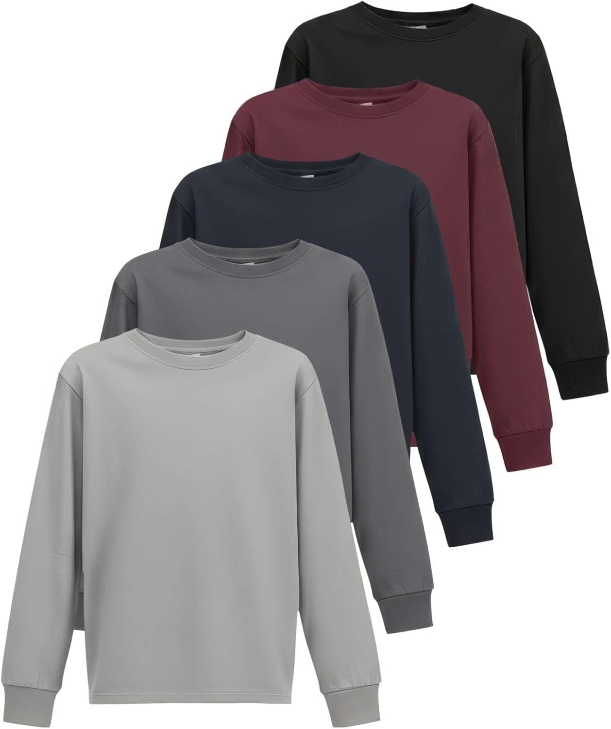 Real Essentials 5 Pack: Boys’ Cotton Jersey Long Sleeve T-Shirt Uniform Kids Crew Neck Tee Top