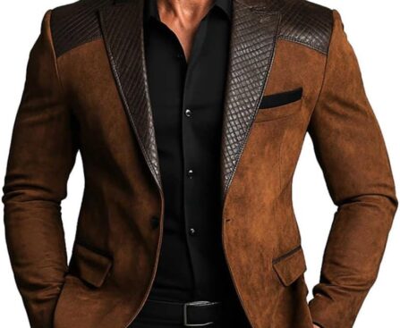 Men’s Vintage Brown Suede Blazer with Leather Trim | Classic Fit Business Casual Sport Coat