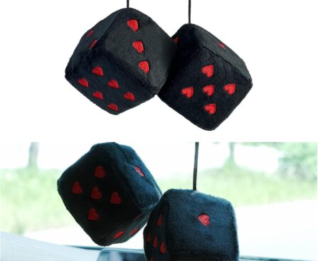 Ziciner Pair Fuzzy Plush Dice for Car Mirror, 3” Retro Square Dice with Heart-Shape, Universal Auto Rearview Mirror Hanging Ornament Decoration, Car Accessories for Women (Black&Red)
