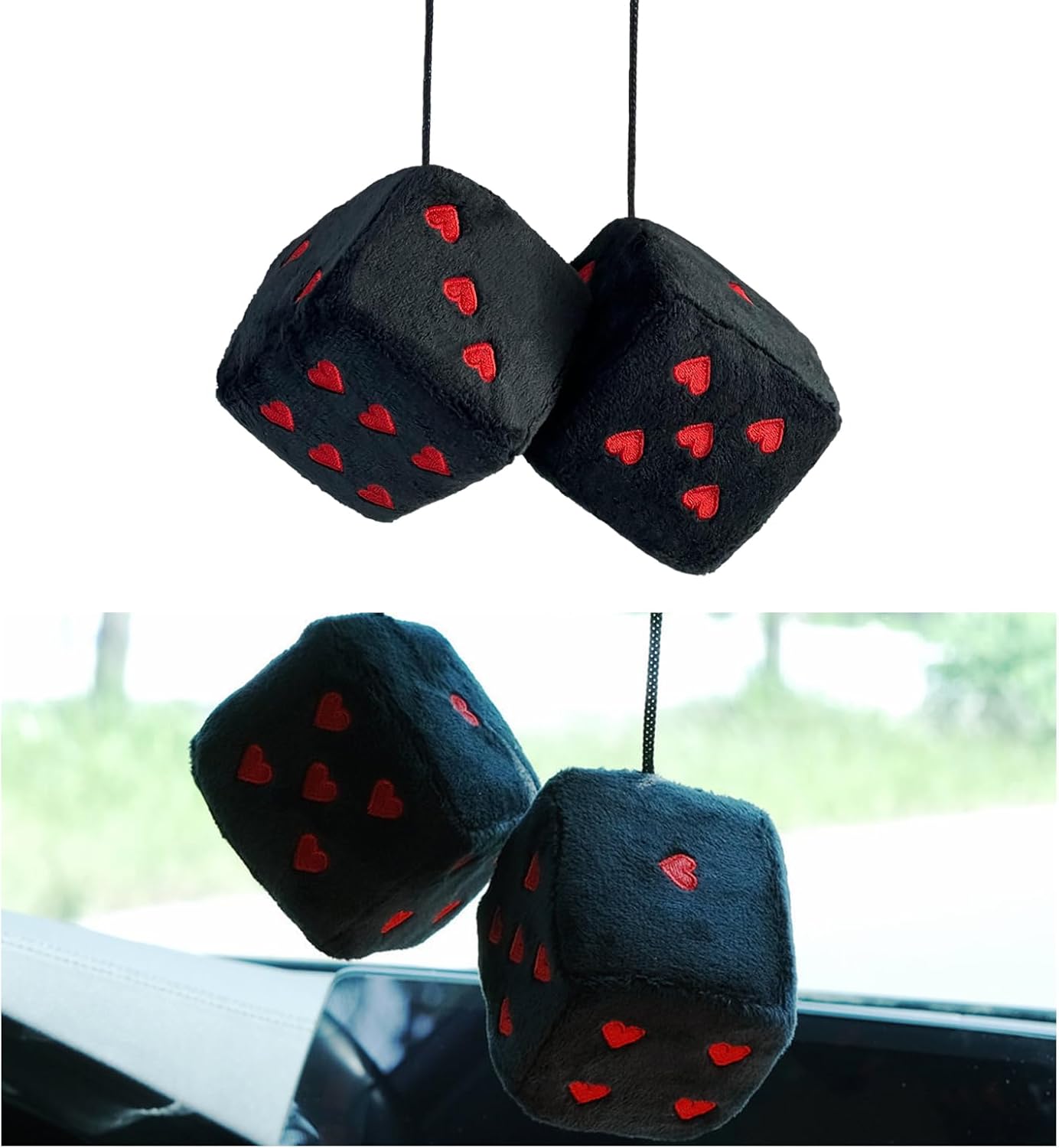 Ziciner Pair Fuzzy Plush Dice for Car Mirror, 3” Retro Square Dice with Heart-Shape, Universal Auto Rearview Mirror Hanging Ornament Decoration, Car Accessories for Women (Black&Red)