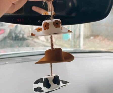 Cowboy Hat Car Charm,Country Rear View Mirror Hanging Accessories,Sunflower Cowgirl hat Cow Print Car Decor,Cute Handmade Felt Mini Hat Ornament Pendent for Women Girls (Flower)