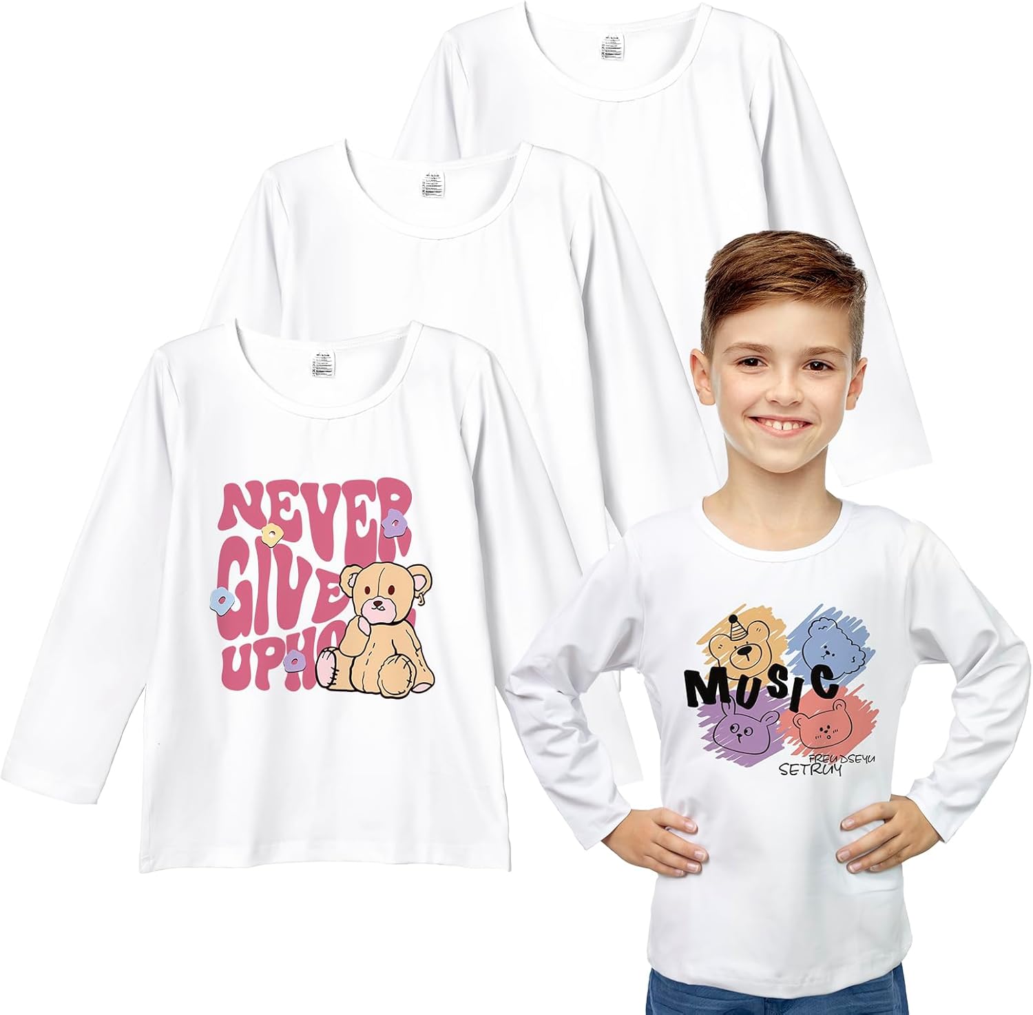 3 Pack Sublimation T-Shirt Blanks,Long Sleeve T Shirt for Kids/Toddler,Unisex Boys Girls Modal White Shirt for Christmas