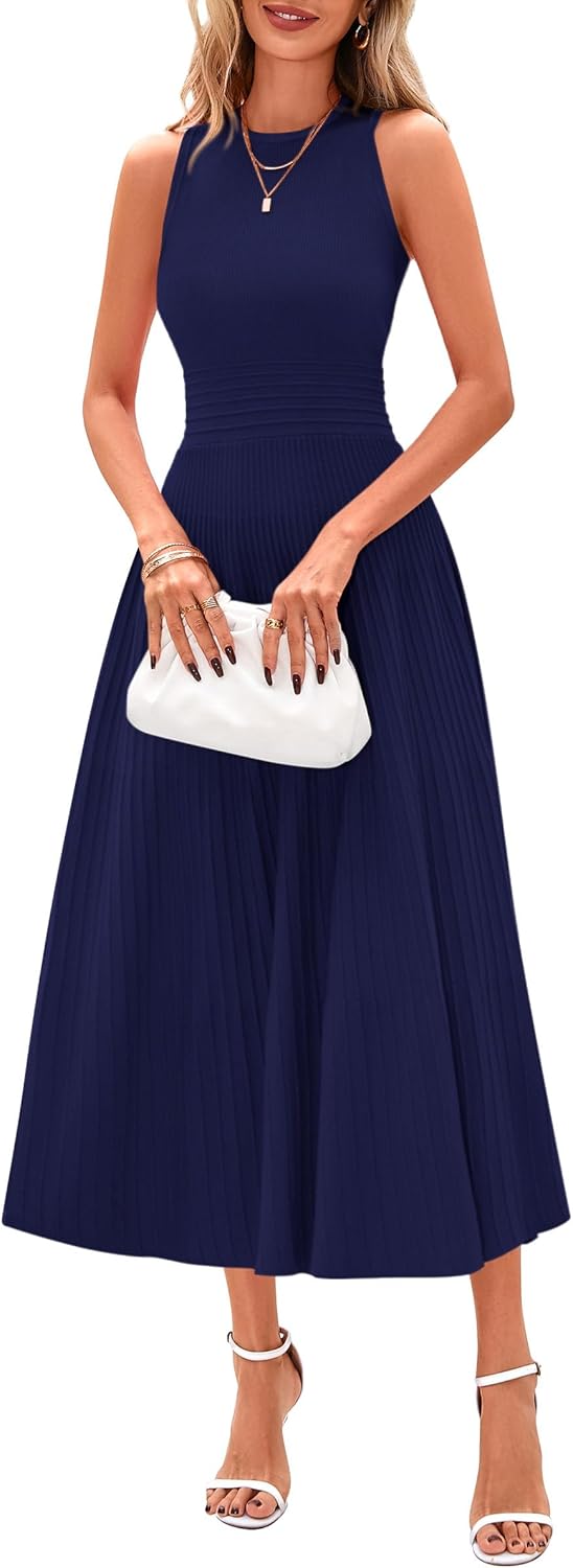 PRETTYGARDEN Spring Casual Dresses for Women 2025 Summer Business Work Midi Sleeveless A Line Pleated Cocktail Dress