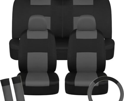 BDK PolyPro Car Seat Covers Full Set in Charcoal on Black with Steering Wheel Cover & Seat Belt Pads – Front and Rear Split Bench Car Seat Cover, Easy to Install, Interior Covers for Auto Truck SUV