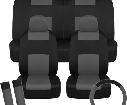 BDK PolyPro Car Seat Covers Full Set in Charcoal on Black with Steering Wheel Cover & Seat Belt Pads – Front and Rear Split Bench Car Seat Cover, Easy to Install, Interior Covers for Auto Truck SUV